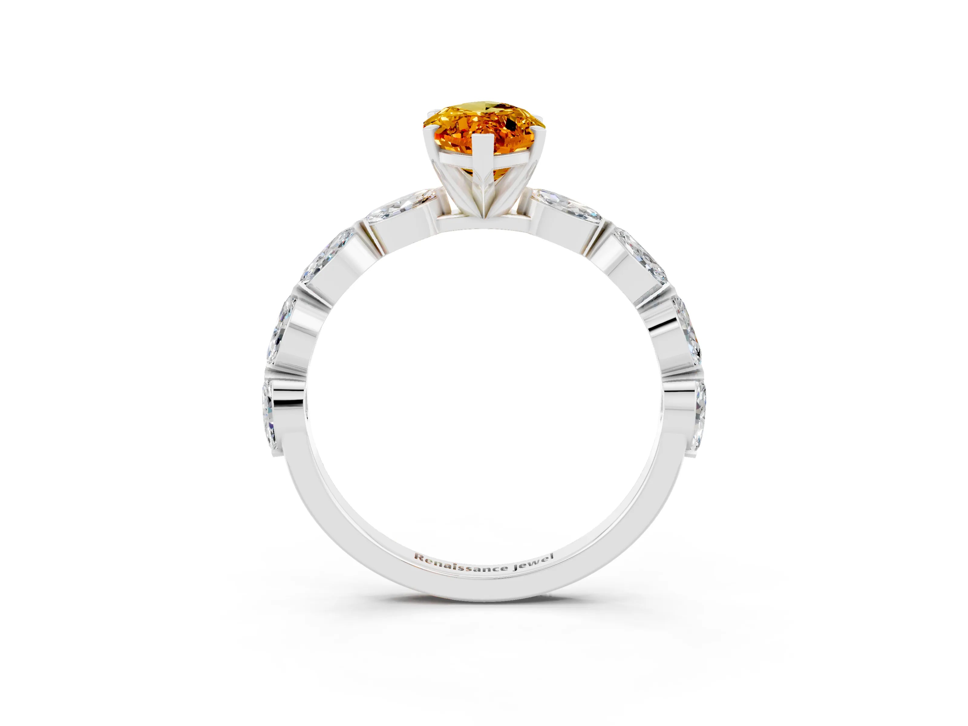 White gold Marquise Cut Citrine Ring with Marquise Side Stones and Prong Setting_27