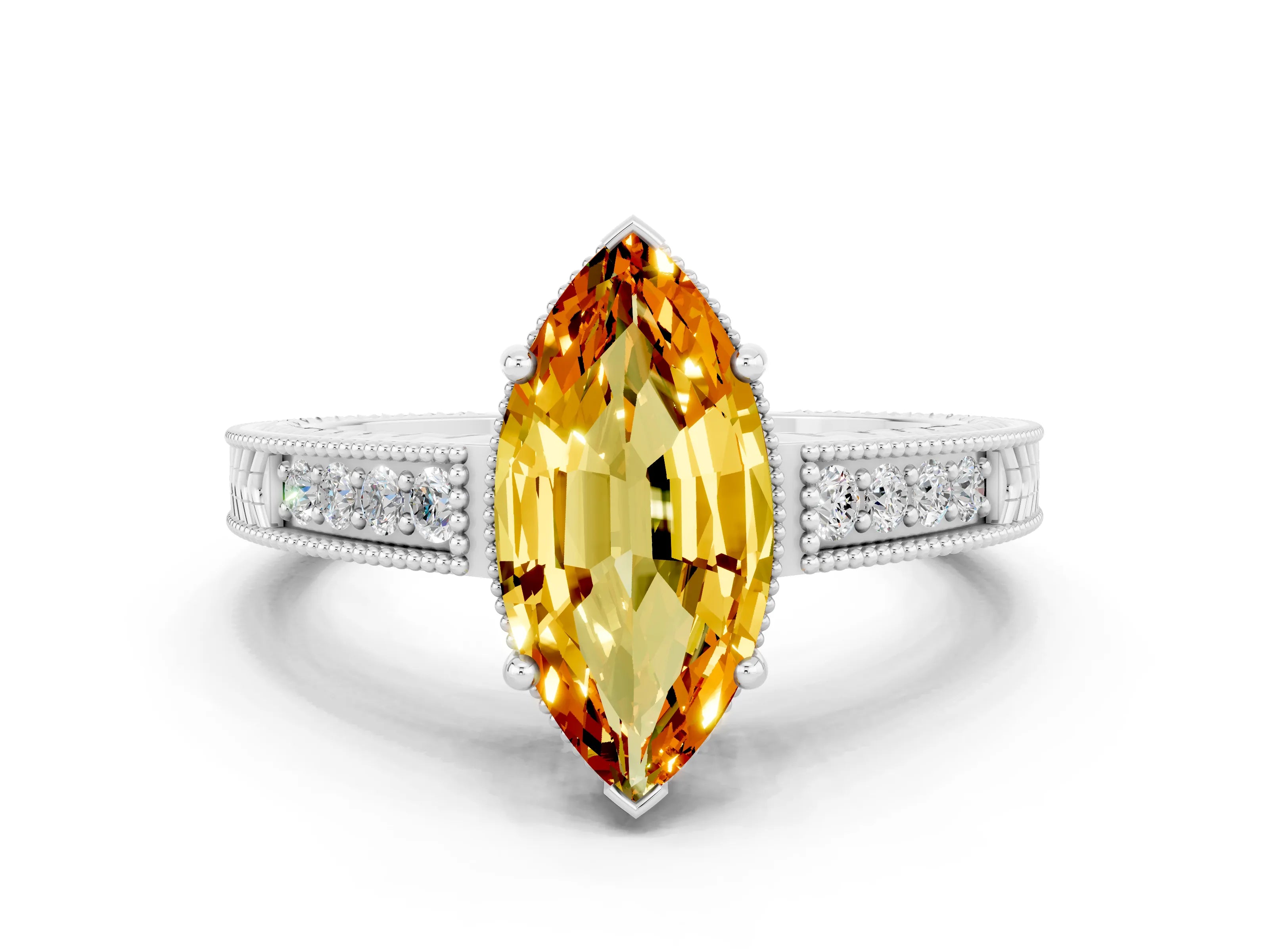 White gold Marquise Cut Citrine Ring with Milgrain Pavé Band and Four-Prong Setting_12