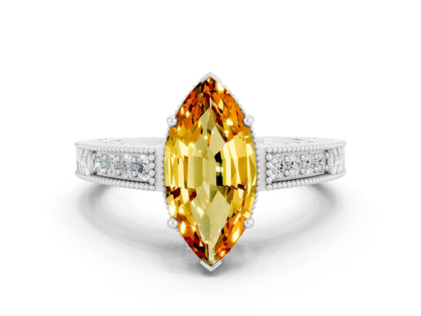 Platinum Marquise Cut Citrine Ring with Milgrain Pavé Band and Four-Prong Setting