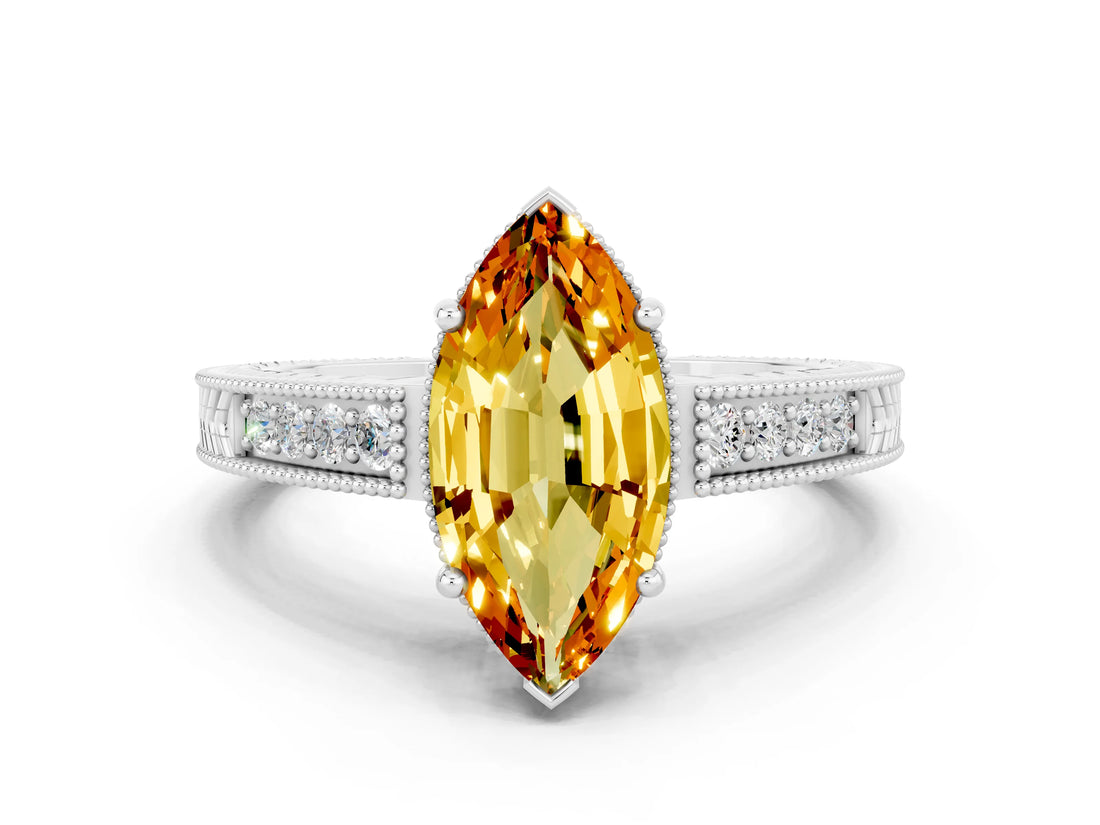 White gold Marquise Cut Citrine Ring with Milgrain Pavé Band and Four-Prong Setting_12