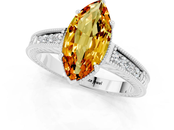 Platinum Marquise Cut Citrine Ring with Milgrain Pavé Band and Four-Prong Setting