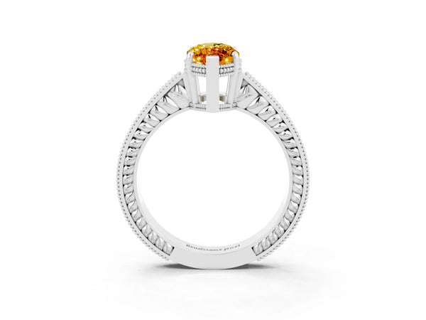 White gold Marquise Cut Citrine Ring with Milgrain Pavé Band and Four-Prong Setting