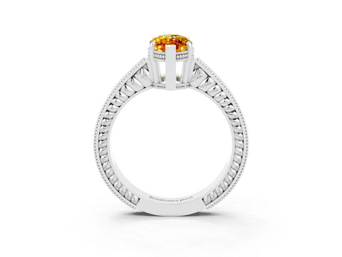 White gold Marquise Cut Citrine Ring with Milgrain Pavé Band and Four-Prong Setting_15