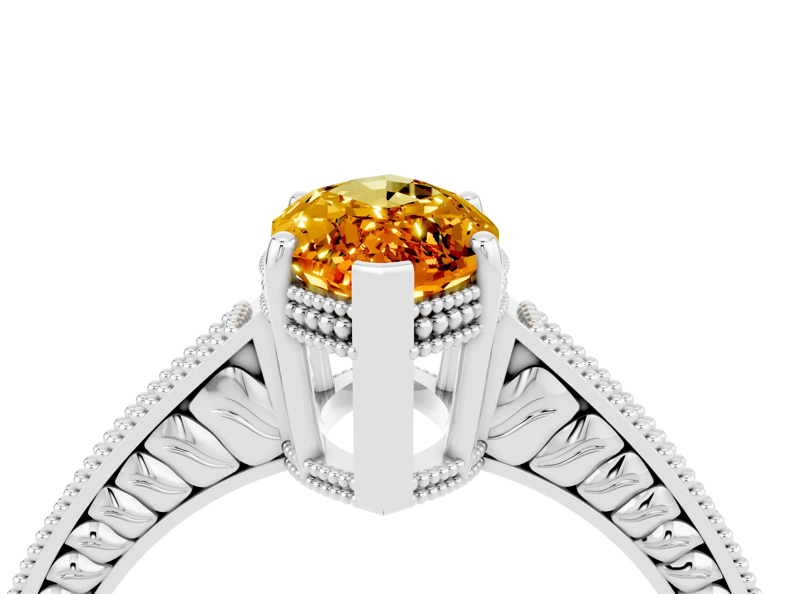 White gold Marquise Cut Citrine Ring with Milgrain Pavé Band and Four-Prong Setting_16