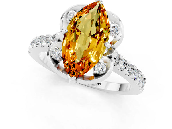 White gold Marquise Cut Citrine Ring with Pavé Band and Floral Prong Setting