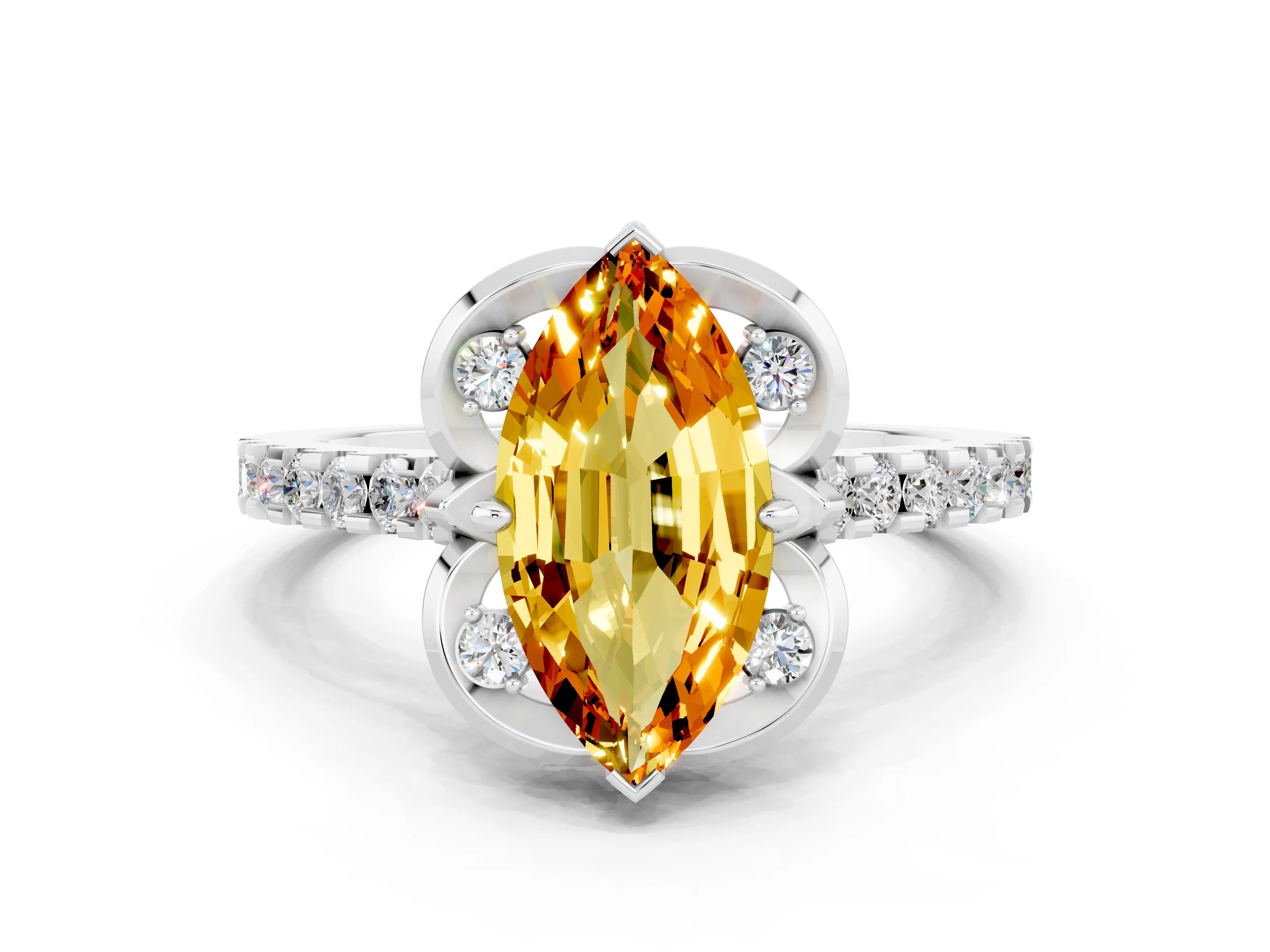 White gold Marquise Cut Citrine Ring with Pavé Band and Floral Prong Setting