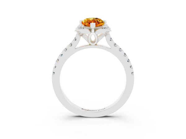 Silver Marquise Cut Citrine Ring with Pavé Band and Floral Prong Setting