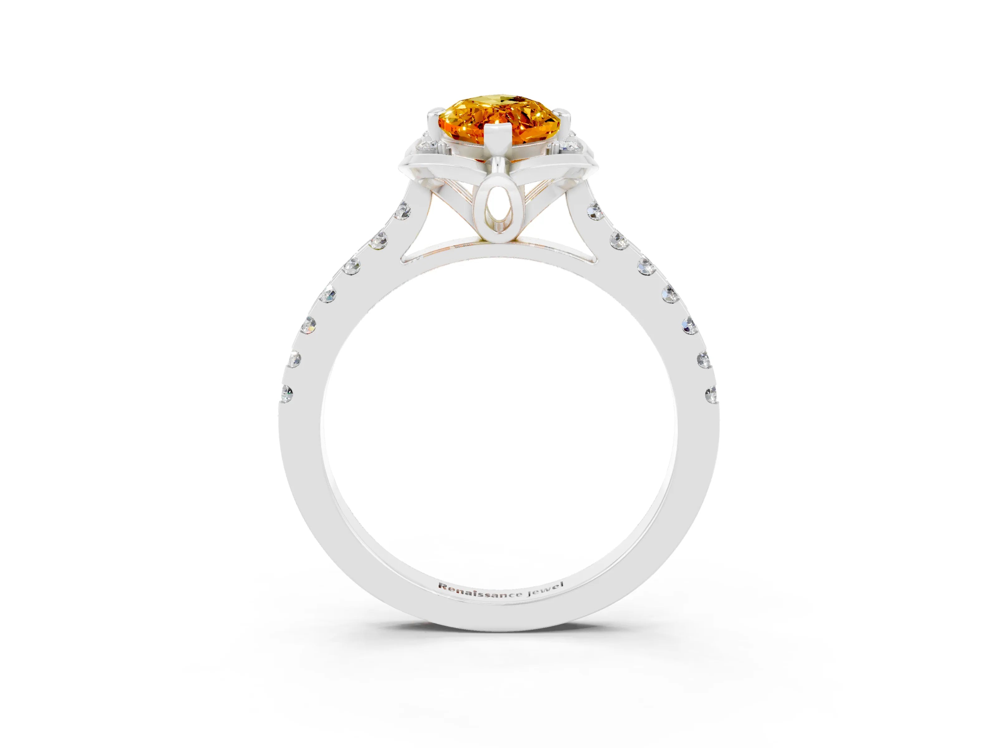 White gold Marquise Cut Citrine Ring with Pavé Band and Floral Prong Setting_3