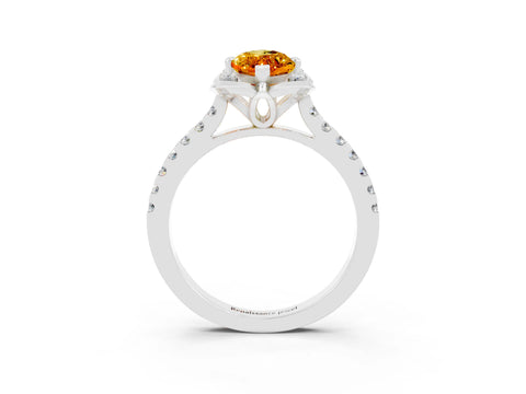 White gold Marquise Cut Citrine Ring with Pavé Band and Floral Prong Setting_3