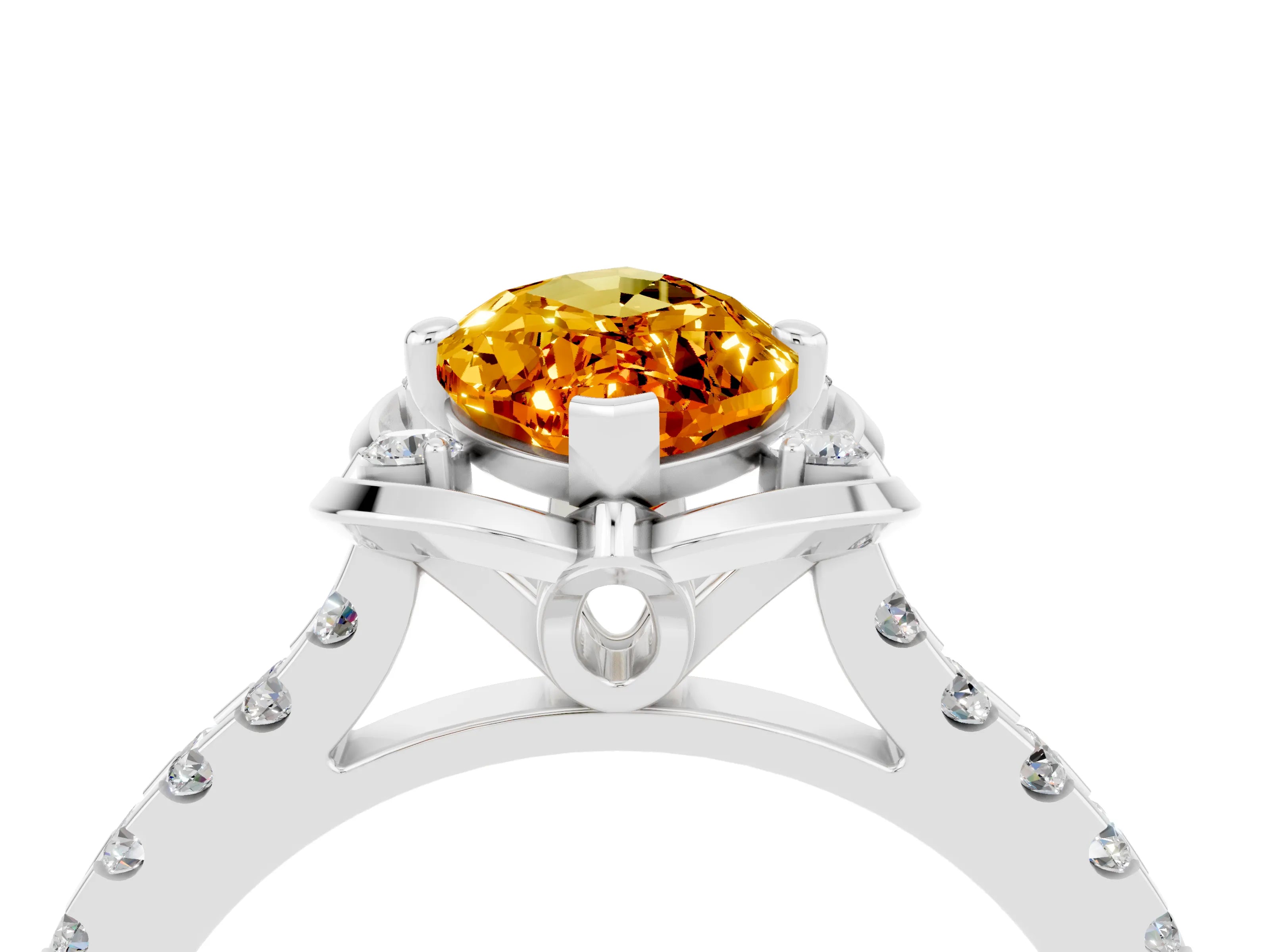 White gold Marquise Cut Citrine Ring with Pavé Band and Floral Prong Setting_4