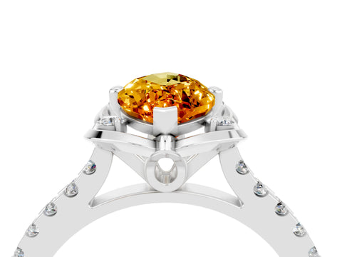 White gold Marquise Cut Citrine Ring with Pavé Band and Floral Prong Setting_4