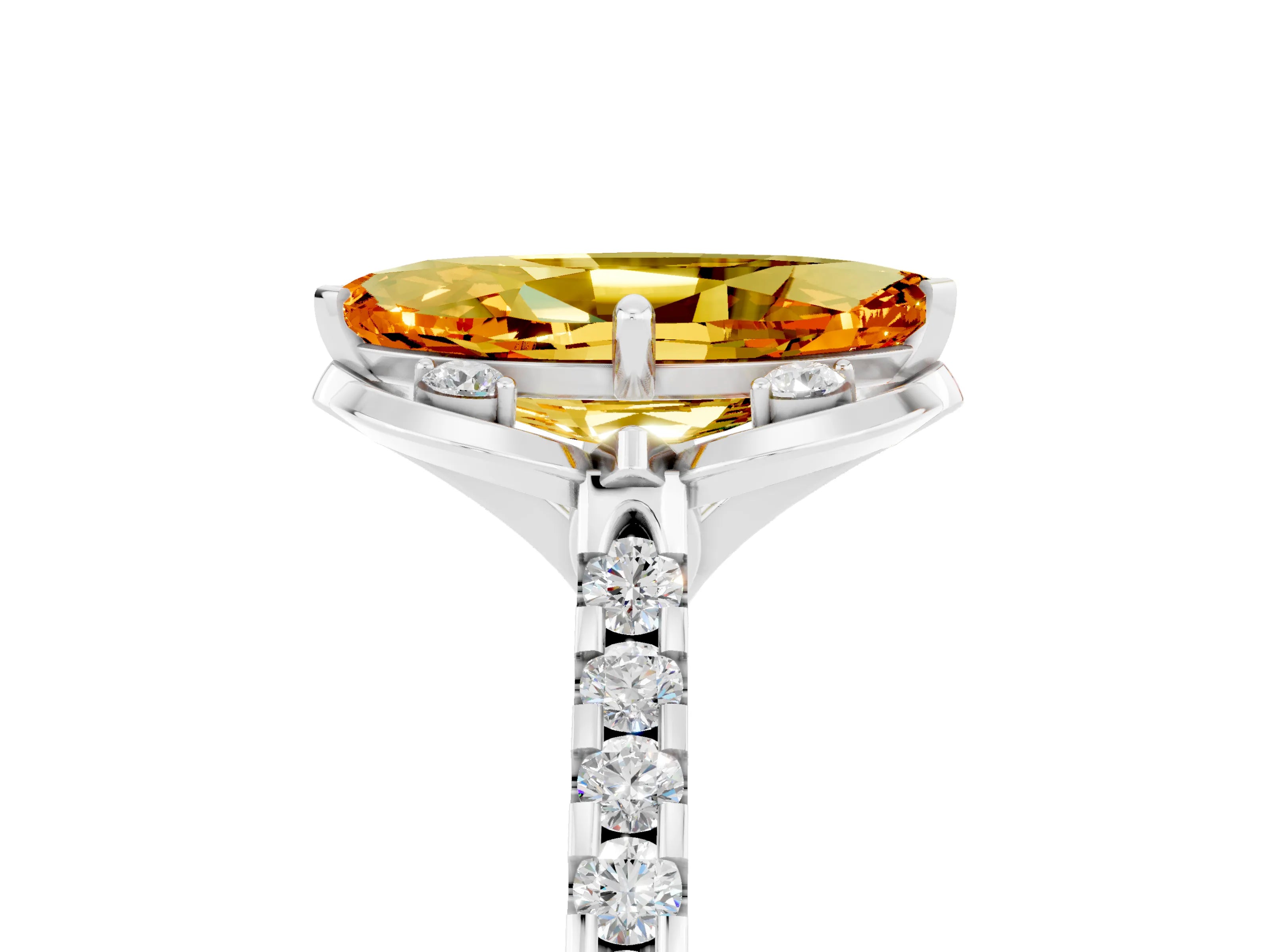 White gold Marquise Cut Citrine Ring with Pavé Band and Floral Prong Setting_5