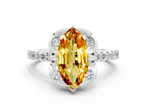 White gold Marquise Cut Citrine Ring with Pavé Band and Floral Prong Setting