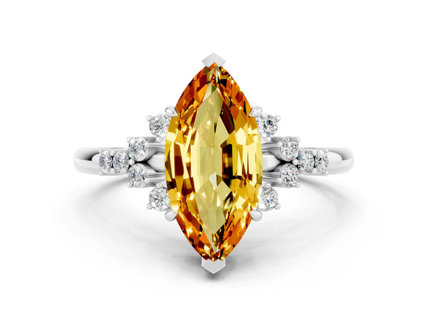 Platinum Marquise Cut Citrine Ring with Side Stones and Four-Prong Setting