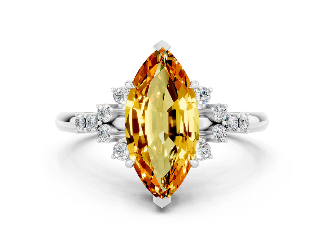 White gold Marquise Cut Citrine Ring with Side Stones and Four-Prong Setting_36