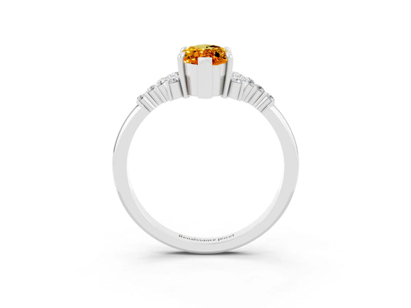 White gold Marquise Cut Citrine Ring with Side Stones and Four-Prong Setting