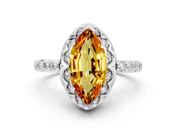 Platinum Marquise Cut Citrine Scalloped Halo Engagement Ring with Round Shared Prong Band
