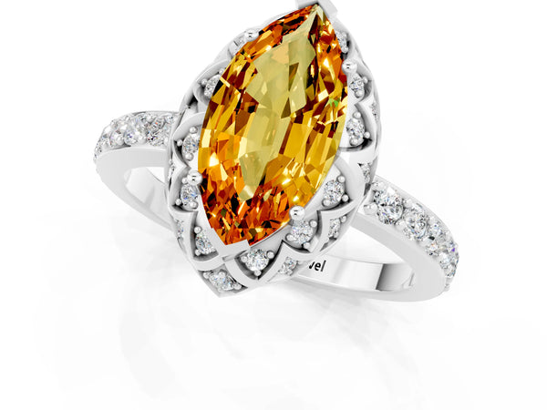 Platinum Marquise Cut Citrine Scalloped Halo Engagement Ring with Round Shared Prong Band