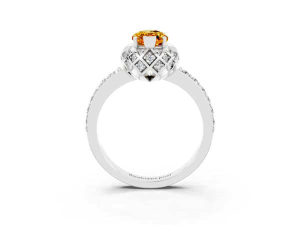 Silver Marquise Cut Citrine Scalloped Halo Engagement Ring with Round Shared Prong Band