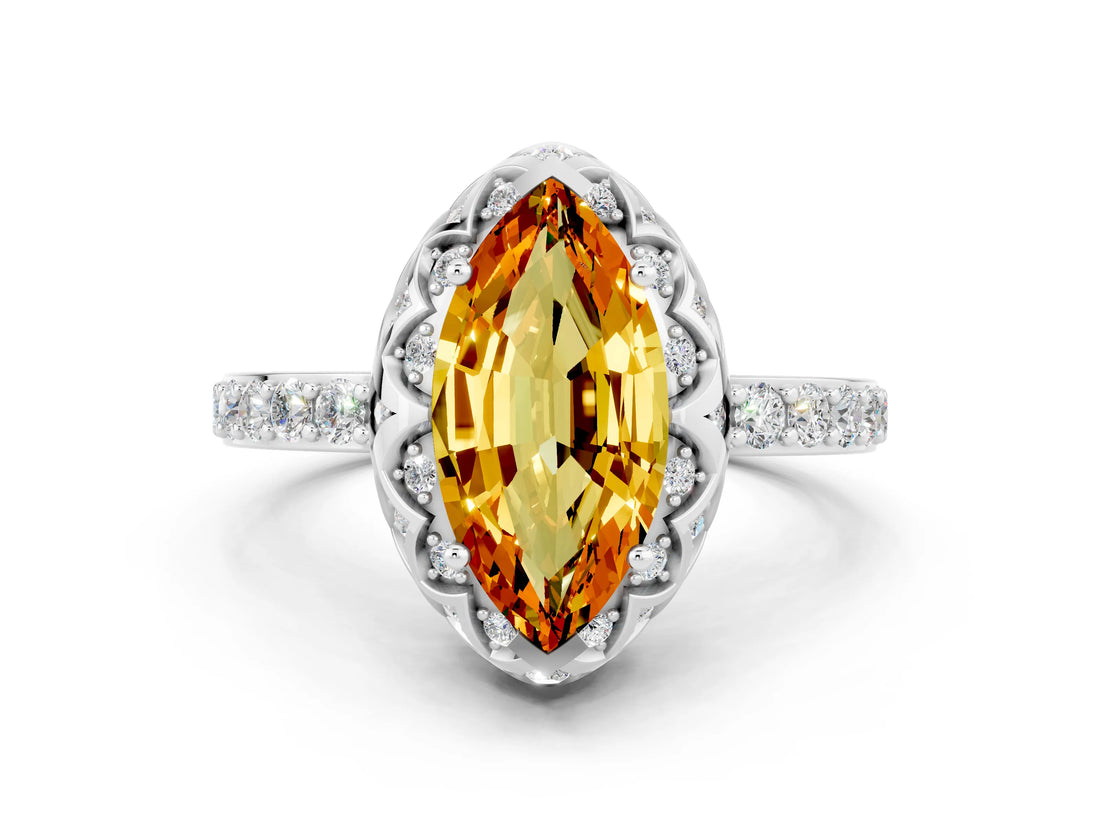 White gold Marquise Cut Citrine Scalloped Halo Engagement Ring with Round Shared Prong Band_24