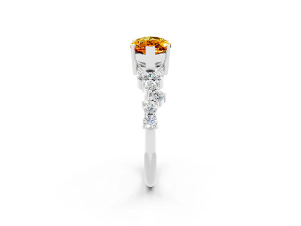 White gold Marquise Cut Citrine Scattered Round Accent Ring with Prong Setting