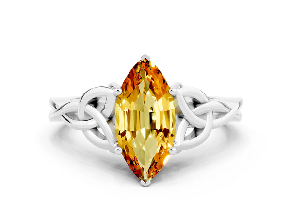 White gold Marquise Cut Citrine Solitaire Celtic Knot Ring with Four-Prong Setting