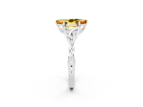 Silver Marquise Cut Citrine Solitaire Engagement Ring with Celtic Knot Band and Four-Prong Setting