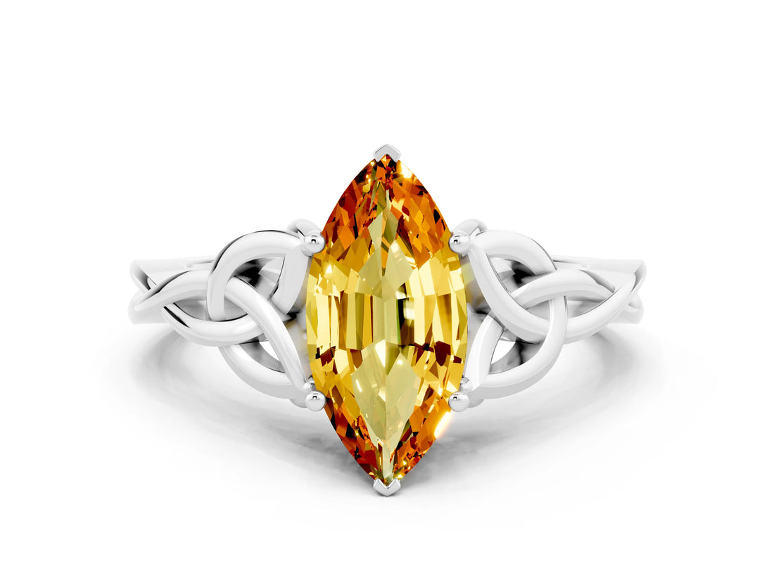 White gold Marquise Cut Citrine Solitaire Engagement Ring with Celtic Knot Band and Four-Prong Setting