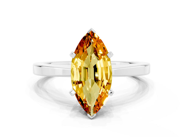 Platinum Marquise Cut Citrine Solitaire Engagement Ring with Classic Band and Four-Prong Setting