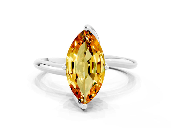 Silver Marquise Cut Citrine Solitaire Engagement Ring with Four-Prong Setting and Classic Band