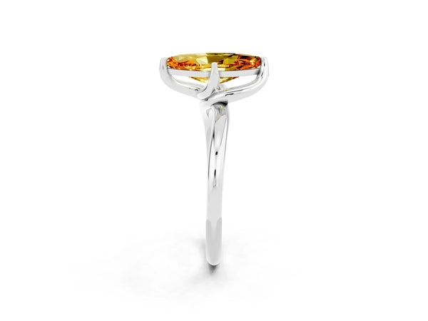 Silver Marquise Cut Citrine Solitaire Engagement Ring with Four-Prong Setting and Classic Band