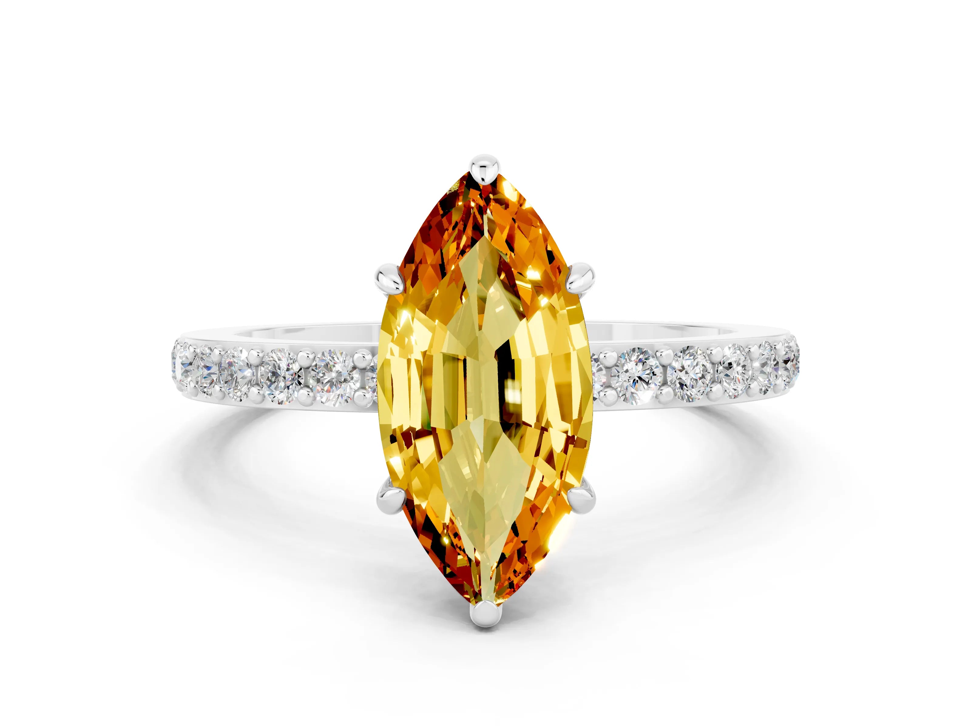 White gold Marquise Cut Citrine Solitaire Engagement Ring with Pavé Band and Four-Prong Setting