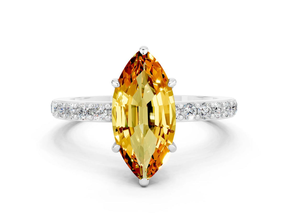 White gold Marquise Cut Citrine Solitaire Engagement Ring with Pavé Band and Four-Prong Setting