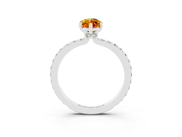 Silver Marquise Cut Citrine Solitaire Engagement Ring with Pavé Band and Four-Prong Setting