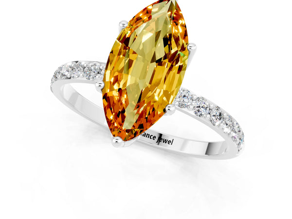 Platinum Marquise Cut Citrine Solitaire Engagement Ring with Round  Pavé Band and Prong Setting