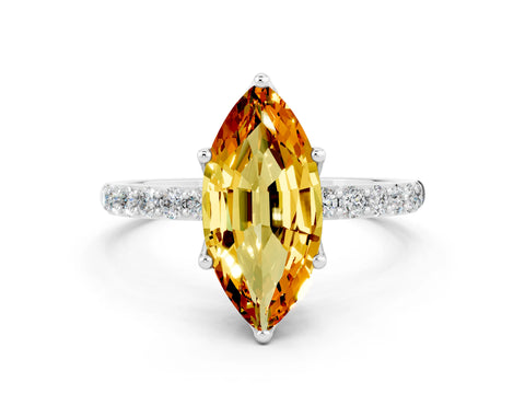 White gold Marquise Cut Citrine Solitaire Engagement Ring with Pavé Band and Prong Setting
