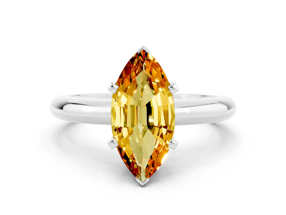 White gold Marquise Cut Citrine Solitaire Engagement Ring with Round Band and Four-Prong Setting