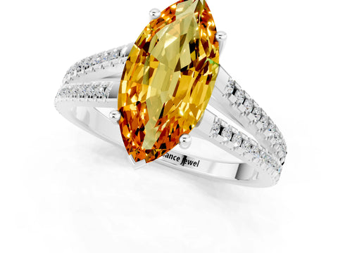 White gold Marquise Cut Citrine Solitaire Engagement Ring with Split Shank Pavé Band_1