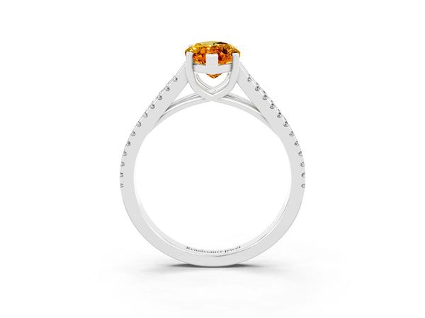 Silver Marquise Cut Citrine Solitaire Engagement Ring with Split Shank Pavé Band