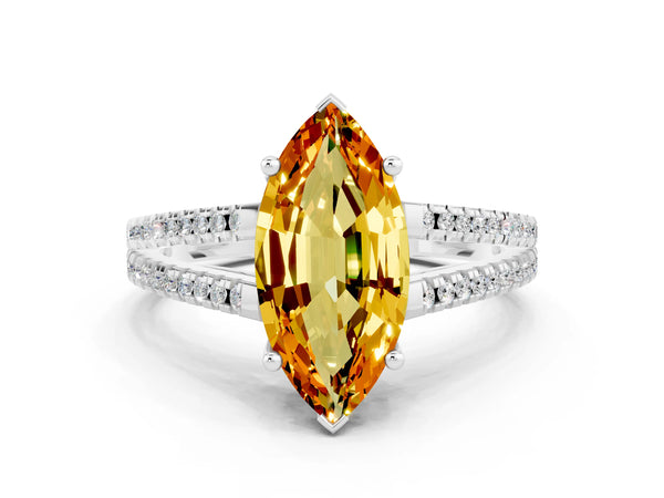 White gold Marquise Cut Citrine Solitaire Engagement Ring with Split Shank Pavé Band