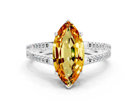 White gold Marquise Cut Citrine Solitaire Engagement Ring with Split Shank Pavé Band