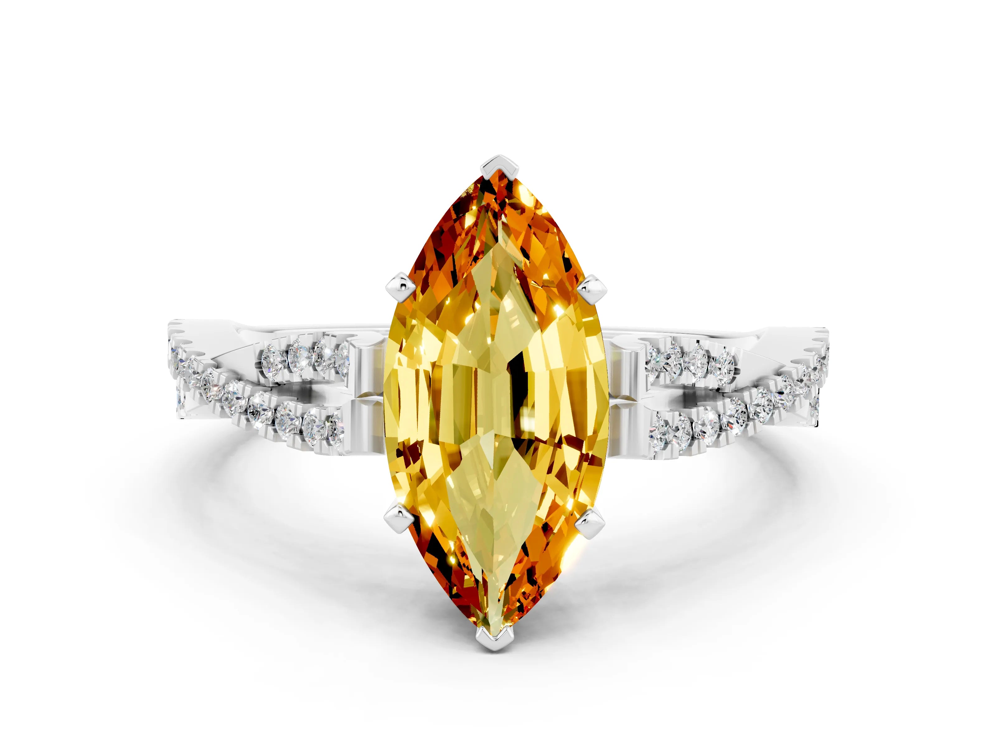 White gold Marquise Cut Citrine Solitaire Engagement Ring with Twisted Pavé Band and Four-Prong Setting