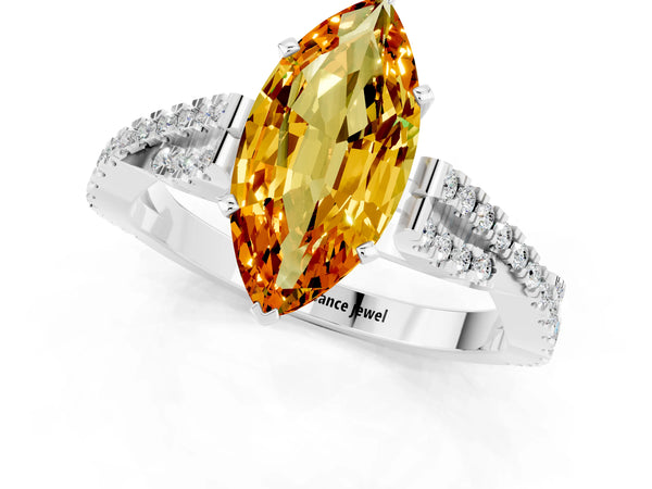 Platinum Marquise Cut Citrine Solitaire Engagement Ring with Twisted Pavé Band and Four-Prong Setting