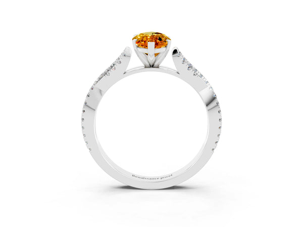 Platinum Marquise Cut Citrine Solitaire Engagement Ring with Twisted Pavé Band and Four-Prong Setting