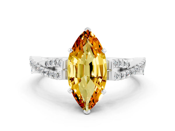 Silver Marquise Cut Citrine Solitaire Engagement Ring with Twisted Pavé Band and Four-Prong Setting