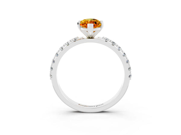 Platinum Marquise Cut Citrine Solitaire Pavé Band with Four-Prong Setting