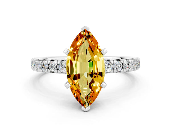 Platinum Marquise Cut Citrine Solitaire Pavé Engagement Ring with Round Band and Prong Setting