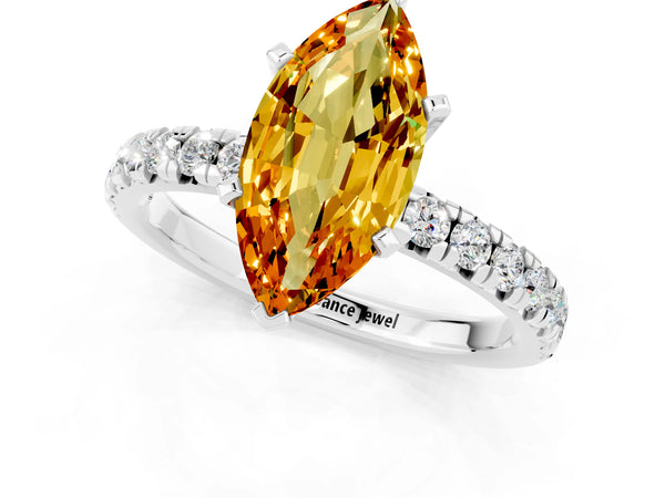 Platinum Marquise Cut Citrine Solitaire Pavé Engagement Ring with Round Band and Prong Setting