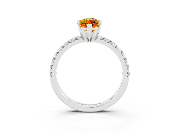 Silver Marquise Cut Citrine Solitaire Pavé Engagement Ring with Round Band and Prong Setting