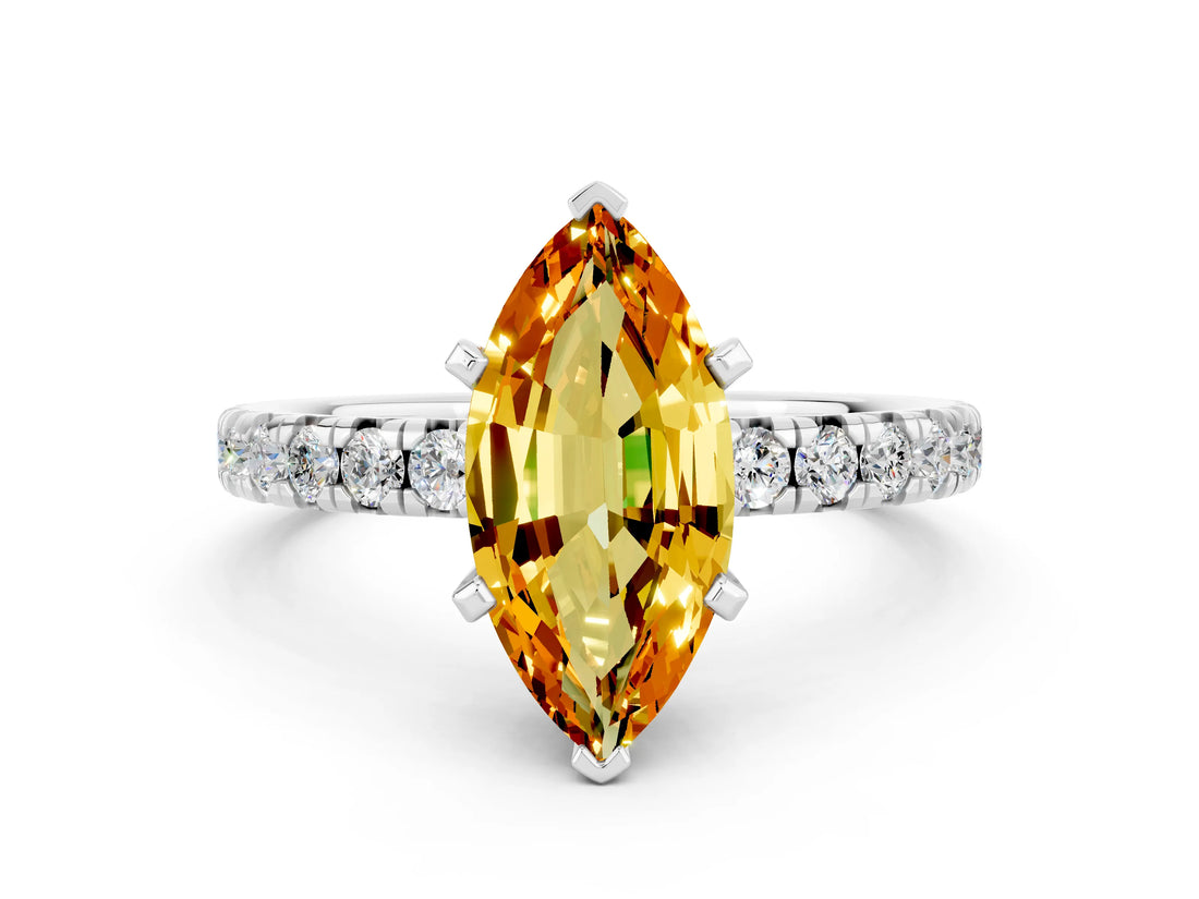 White gold Marquise Cut Citrine Solitaire Pavé Engagement Ring with Round Band and Prong Setting_72